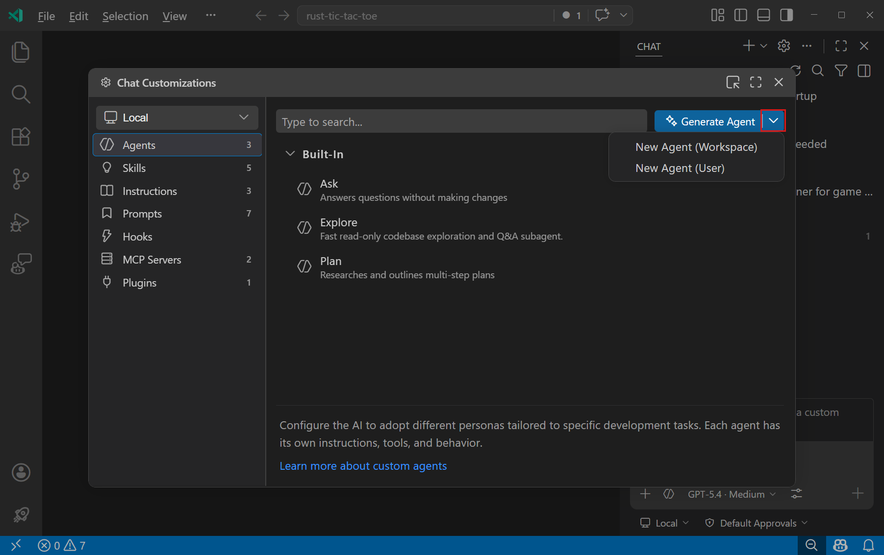 Create custom agent dialog