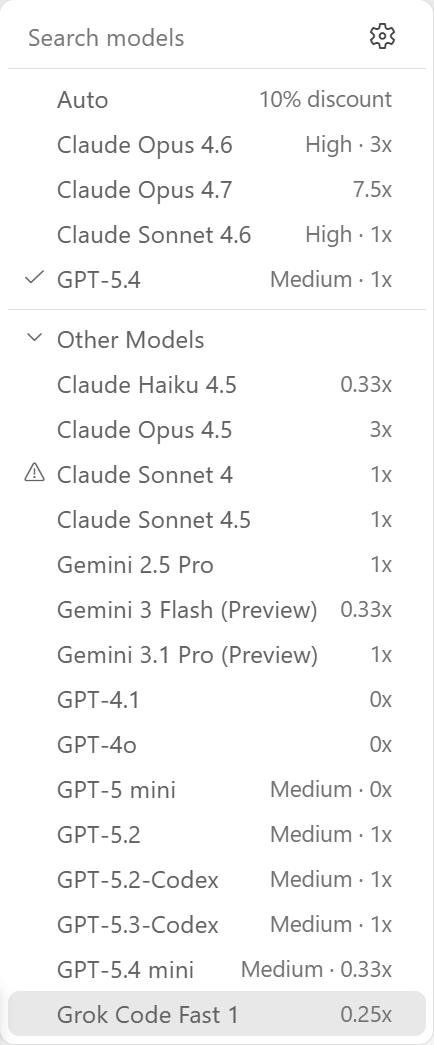 Model selection menu